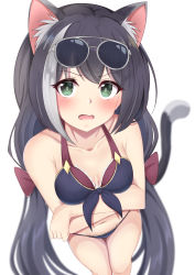 Rule 34 | 1girl, animal ear fluff, animal ears, bare arms, bare legs, bare shoulders, bikini, black hair, blush, breasts, cat girl, cat tail, cleavage, collarbone, commentary, eyewear on head, fang, female focus, from above, green eyes, highres, karyl (princess connect!), karyl (summer) (princess connect!), long hair, looking at viewer, medium breasts, multicolored hair, nanao (naoekaki25), navel, open mouth, paid reward available, princess connect!, sidelocks, solo, streaked hair, sunglasses, swimsuit, tail, twintails, white background, white hair