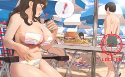 Rule 34 | !, 1boy, 6+girls, :d, beach, beach umbrella, bikini, black hair, blue bikini, blush, breasts, brown hair, bubble tea, burger, cleavage, commentary request, crosshair, cup, disposable cup, drink, drinking straw, english text, food, french fries, green shorts, heart, highres, hime cut, holding, holding drink, large breasts, long hair, looking at another, midriff, multiple girls, navel, open mouth, original, plump, reflective clothes, ryokucha michi, short hair, shorts, sidelocks, sitting, smile, solo focus, swimsuit, thighs, umbrella, very short hair, wavy hair
