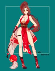 Rule 34 | breasts, brown eyes, brown hair, cleavage, fatal fury, folded fan, folding fan, full body, hand fan, hand on own hip, high ponytail, highres, japanese clothes, large breasts, ninja, pelvic curtain, ponytail, revealing clothes, sash, shiranui mai, solo, standing, the king of fighters, thigh strap, thighs, yoooooo-z
