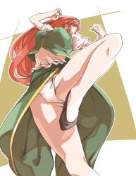 Rule 34 | 1girl, bad id, bad twitter id, beret, black footwear, braid, breasts, chinese clothes, clenched hand, fighting stance, from below, hat, highres, hong meiling, knee up, long hair, muchi maro, panties, pantyshot, pelvic curtain, puffy short sleeves, puffy sleeves, red hair, shoes, short sleeves, side braid, solo, standing, thighs, touhou, underwear, white panties