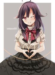 Rule 34 | 1girl, absurdres, ahoge, alternate costume, artist name, black hair, black skirt, border, commentary request, cowboy shot, frilled shirt, frilled skirt, frills, grey background, hair flaps, heart, heart hands, highres, kantai collection, kukimaru, long hair, looking at viewer, low twintails, one-hour drawing challenge, one eye closed, red eyes, skirt, solo, taigei (kancolle), twintails, two-tone background, white border