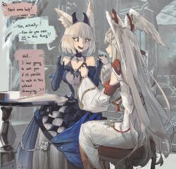 Rule 34 | 2girls, animal ear fluff, animal ears, cat ears, chair, cosplay, costume switch, dress, english text, facial mark, fang, grey hair, head wings, highres, long dress, long hair, melia antiqua, multiple girls, nia (xenoblade), onepointzero, open mouth, sitting, smile, speech bubble, table, very long hair, whisker markings, wings, xenoblade chronicles (series), xenoblade chronicles 3, yellow eyes