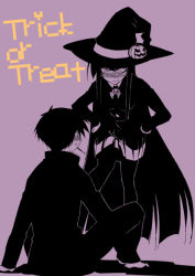 Rule 34 | 1boy, 1girl, blush, female protagonist (houkago play), food-themed hair ornament, galore, hair ornament, halloween, hat, houkago play, legs, long hair, male protagonist (houkago play), pumpkin hair ornament, purple background, trick or treat, very long hair, witch hat