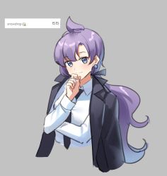 Rule 34 | 1girl, absurdres, anabel (pokemon), black jacket, collared shirt, creatures (company), earrings, formal, game freak, grey background, hair tie, hand on own chin, highres, jacket, jacket on shoulders, jewelry, long hair, looking at viewer, necktie, nintendo, no legs, pokemon, pokemon sm, ponytail, purple eyes, purple hair, shirt, smile, suit, upper body, white shirt, woogi