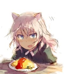 Rule 34 | 1girl, :d, animal ears, bad id, bad twitter id, blue eyes, blush, cat ears, dark-skinned female, dark skin, food, giuseppina ciuinni, jacket, leaning forward, long hair, lowres, military, military uniform, motion lines, ohashi (hashidate), omelet, omurice, open mouth, plate, short sleeves, silver hair, simple background, sketch, smile, solo, strike witches, strike witches: suomus misfits squadron, uniform, white background, world witches series