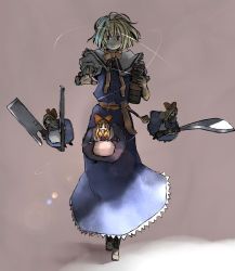 Rule 34 | 1girl, alice margatroid, blonde hair, blue dress, capelet, creepy, doll, dress, electric guitar, female focus, flying, full body, gibson sg, grey background, guitar, horror (theme), hourai doll, instrument, looking at viewer, shanghai doll, short hair, simple background, size difference, solo, string, touhou, walking, yanomasashi