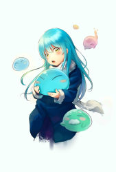 Rule 34 | 1girl, absurdres, androgynous, artist request, bad id, bad pixiv id, blue hair, blush, breasts, hair between eyes, highres, long hair, open mouth, rimuru tempest, slime (creature), small breasts, tensei shitara slime datta ken, yellow eyes