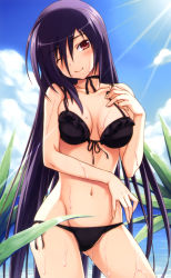 Rule 34 | 1girl, absurdres, amakura, bikini, black bikini, black hair, breasts, cloud, contrapposto, day, front-tie top, groin, highres, light rays, long hair, looking at viewer, medium breasts, mikage (toppara), navel, one eye closed, red eyes, scan, side-tie bikini bottom, sky, smile, solo, standing, sunbeam, sunlight, swimsuit, toppara, wet, wink