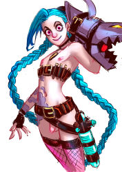 Rule 34 | 1boy, absurdres, androgynous, belt, blue hair, braid, creepy smile, fingerless gloves, flaccid, gender request, genderswap, gloves, hairline, highres, jinx (league of legends), league of legends, long hair, looking at viewer, male focus, nipples, nude, penis, pink eyes, ripushko, simple background, small penis, solo, tattoo, testicles, thighhighs, trap, twin braids, weapon, white background