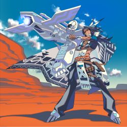 Rule 34 | 1boy, blue eyes, blue hair, canyon, cape, cross-laced clothes, desert, eda, energy gun, feather hair ornament, feathers, full body, grey pants, grin, hair ornament, headband, holding, holding weapon, long hair, looking at viewer, male focus, native american, original, outdoors, outstretched arm, pants, pelvic curtain, red headband, short sleeves, sidelocks, smile, solo, weapon, white cape