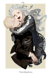 Rule 34 | 1boy, 1girl, copyright name, dorohedoro, hammer, highres, hug, looking at viewer, noi (dorohedoro), open mouth, red eyes, shin (dorohedoro), smile, sweat, tall, tall female, w55674570w, white hair