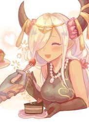 Rule 34 | 1girl, absurdres, alear (fire emblem), bare shoulders, black gloves, blush, cake, cake slice, closed eyes, dress, elbow gloves, fire emblem, fire emblem engage, food, fruit, gloves, hair ornament, hair over one eye, highres, holding, horn ornament, horns, jewelry, long hair, necklace, netugen33, nintendo, open mouth, out of frame, pearl necklace, pointy ears, smile, solo, strawberry, zelestia (fire emblem)
