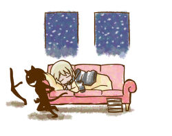 Rule 34 | 3girls, animal ears, book, character request, closed eyes, couch, elma leivonen, lying, mukiki, multiple girls, short hair, silhouette demon, sleeping, smile, strike witches, strike witches: suomus misfits squadron, tail, world witches series