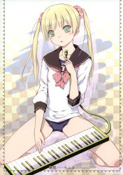 Rule 34 | 1girl, absurdres, blonde hair, blush, flat chest, green eyes, highres, instrument, keyboard, keyboard (instrument), long hair, one-piece swimsuit, ooji, open mouth, original, school swimsuit, school uniform, sitting, smile, solo, spread legs, swimsuit, swimsuit under clothes, twintails