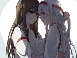 Rule 34 | 10s, 2girls, akagi (kancolle), bad id, bad pixiv id, blush, breast press, brown eyes, brown hair, hand in own hair, headband, kantai collection, looking at another, looking at viewer, looking back, meron, multiple girls, open mouth, shoukaku (kancolle), smile, symmetrical docking, white hair, yuri