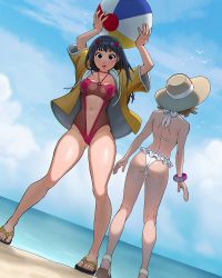 Rule 34 | 2girls, absurdres, ass, ball, bare legs, beach, beachball, bikini, black eyes, black hair, bracelet, breasts, breasts apart, brown hair, con-quest!, cuddle pit, fishnet swimsuit, frilled bikini, frills, from behind, full body, hat, highres, jacket, jacket over swimsuit, jewelry, lips, long hair, medium breasts, multiple girls, open clothes, open jacket, parted lips, pink one-piece swimsuit, sandals, short hair, standing, swimsuit, toes, white bikini, yellow jacket