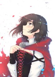 Rule 34 | 1girl, black eyes, black hair, breasts, cape, cat with a brush, cleavage, cleavage cutout, clothing cutout, corset, floating hair, grey rose, highres, long sleeves, looking up, medium breasts, parted lips, petals, red cape, ruby rose, rwby, short hair, simple background, solo, upper body, white background
