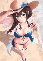 Rule 34 | 1girl, arm up, beach, bikini, blue bikini, blue eyes, blue flower, blurry, braid, breasts, brown hair, collarbone, commentary request, day, depth of field, dress shirt, flower, from above, front-tie bikini top, front-tie top, hair between eyes, hair over shoulder, hat, hat flower, highres, k jie, kantai collection, long hair, looking at viewer, medium breasts, navel, ocean, official alternate costume, open clothes, open shirt, outdoors, parted lips, pulling own clothes, sandals, shadow, shigure (kancolle), shigure kai san (kancolle), shirt, short sleeves, single braid, smile, solo, standing, strap pull, straw hat, swimsuit, toes, wet, wet clothes, wet shirt, white shirt