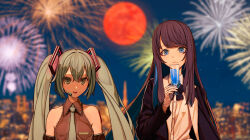 Rule 34 | 2girls, absurdres, ado (utaite), aerial fireworks, aqua eyes, aqua hair, aqua necktie, bare shoulders, black bow, black bowtie, black coat, black hair, blue eyes, blue flower, blue hair, blue rose, blurry, blurry background, bow, bowtie, champagne flute, chando (ado), city lights, closed mouth, cloud nine inc, coat, colored inner hair, commentary request, cup, detached sleeves, dress shirt, drinking glass, earpiece, fireworks, flower, flower brooch, grey shirt, hair between eyes, hatsune miku, highres, holding, holding cup, long hair, long sleeves, moon, multicolored hair, multiple girls, necktie, night, open clothes, open coat, rose, shirt, sky, sleeveless, sleeveless shirt, star (sky), starry sky, tokyo (city), tokyo tower, tokyo wa yoru (vocaloid), turu, twintails, two-tone hair, utaite, vocaloid, white shirt