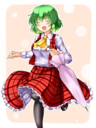 Rule 34 | 1girl, :d, ^ ^, aka tawashi, ascot, black pantyhose, blush, border, breasts, brown footwear, circle, closed eyes, commentary request, eyes visible through hair, feet out of frame, flower, green hair, hair between eyes, highres, holding, holding umbrella, kazami yuuka, loafers, long sleeves, medium breasts, open mouth, orange background, outline, pantyhose, petticoat, pink flower, pink umbrella, plaid, plaid skirt, plaid vest, red skirt, red vest, running, shirt, shoes, short hair, simple background, skirt, smile, solo, standing, standing on one leg, touhou, umbrella, vest, white border, white outline, white shirt, wing collar, yellow ascot