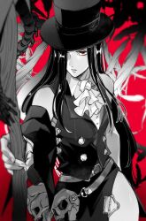 Rule 34 | 1other, 3 sa sa, absurdres, androgynous, ascot, black hair, black hat, feathers, guilty gear, guilty gear strive, hat, highres, holding, holding weapon, long hair, looking at viewer, other focus, red background, red eyes, scythe, testament (guilty gear), top hat, weapon, white ascot