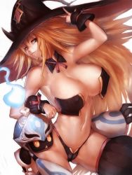 Rule 34 | 1girl, armpits, bare shoulders, black thighhighs, blonde hair, breasts, cleavage, eyebrows, fumio (rsqkr), green eyes, hat, hyakkihei, large breasts, long hair, looking at viewer, majo to hyakkihei, metallica (majo to hyakkihei), navel, nippon ichi, simple background, smile, solo, thick eyebrows, thighhighs, thighs, very long hair, white background, witch hat