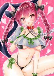 Rule 34 | 1girl, animal ears, bikini, black bikini, black bow, blush, bow, braid, breasts, cat ears, cat tail, chain, cleavage, extra ears, hair bow, heart, highres, index finger raised, kaenbyou rin, large breasts, looking at viewer, multiple tails, natsume nadeshiko, navel, nekomata, open mouth, outline, pink background, pointy ears, red eyes, red hair, side braids, simple background, solo, swimsuit, tail, touhou, twin braids, two tails, white outline