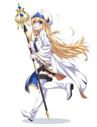 Rule 34 | 10s, blonde hair, blue eyes, boots, goblin slayer!, hat, highres, kyuutou (kyuutouryuu), long hair, multicolored clothes, multicolored hat, priestess (goblin slayer!), solo, thigh boots, thighhighs, white hat