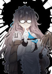 Rule 34 | 1girl, absurdres, akane (blue archive), apron, black-framed eyewear, blue archive, blue necktie, blue ribbon, blue sky, blush, breasts, brown eyes, brown hair, bursting breasts, cloud, commentary, day, dress, floating hair, frills, from side, glasses, gloves, hair behind ear, hair between eyes, hair ribbon, tucking hair, halo, hands up, highres, indoors, large breasts, light particles, long hair, long sleeves, looking at viewer, looking to the side, maid, maid headdress, necktie, plaid shawl, revision, ribbon, riffle hunter, shawl, sideways glance, sky, smile, solo, upper body, very long hair, waist apron, white apron, white gloves