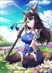 Rule 34 | 1girl, animal ears, bandage on face, bandage over one eye, bandages, black hair, black thighhighs, breasts, character request, cleavage, cleavage cutout, clothing cutout, copyright request, field, flower, flower field, fox ears, fox tail, green eyes, holding, holding polearm, holding spear, holding weapon, large breasts, long hair, looking at viewer, navel, polearm, qurare magic library, seiza, shoonear, sitting, solo, spear, tail, thighhighs, weapon