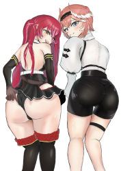 Rule 34 | 2girls, absurdres, artist request, ass, bare shoulders, blue eyes, blush, boots, breasts, elbow gloves, from behind, gloves, hairband, head wings, heterochromia, highres, hololive, houshou marine, huge ass, long hair, looking at viewer, looking back, multicolored hair, multiple girls, naughty face, pink hair, red eyes, red hair, shiny clothes, shiny skin, short hair, short shorts, shorts, sideboob, skirt, smile, streaked hair, takane lui, thick thighs, thigh boots, thigh strap, thighs, thong, two-tone hair, very long hair, virtual youtuber, wings, yellow eyes