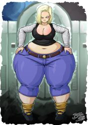 Rule 34 | 1girl, android 18, bendacriss, blonde hair, blue eyes, blush, breasts, cleavage, covered erect nipples, dragon ball, dragonball z, earrings, female focus, full body, hands on own hips, highres, jewelry, large breasts, looking at viewer, medium hair, midriff, navel, plump, solo, thick thighs, thighs, wide hips