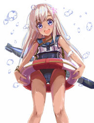 Rule 34 | 10s, 1girl, :d, air bubble, blonde hair, blue eyes, blush, bubble, cameltoe, crop top, flower, from below, hair flower, hair ornament, highres, kantai collection, lifebuoy, long hair, looking at viewer, one-piece swimsuit, open mouth, ro-500 (kancolle), sailor collar, school swimsuit, school uniform, serafuku, smile, solo, st on, swim ring, swimsuit, swimsuit under clothes, tan, tanline, torpedo, wet