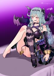 Rule 34 | 1girl, ass, blue hair, blush, breasts, censored, chaos aurora (grimms notes), cleavage, clothing aside, collarbone, detached sleeves, gradient background, grimms notes, hair ribbon, highres, large breasts, long hair, mosaic censoring, open mouth, panties, panties aside, pussy, red eyes, ribbon, sex, shichinananao, signature, single barefoot, single sock, sitting, smile, socks, solo, teeth, thorns, underwear, vaginal