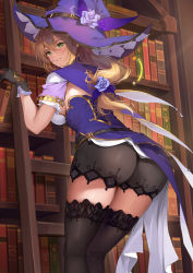 Rule 34 | 1girl, absurdres, ass, black thighhighs, blush, bookshelf, breasts, capelet, come hither, from behind, genshin impact, gloves, green eyes, hat, highres, ko-ma, lisa (genshin impact), long hair, looking at viewer, orange hair, parted lips, purple capelet, purple hat, shiny clothes, shiny skin, short shorts, shorts, sideboob, smile, solo, thighhighs, thighs