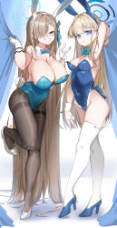 Rule 34 | 2girls, absurdres, animal ear hairband, animal ears, aqua bow, aqua bowtie, aqua leotard, arm up, armpits, asuna (blue archive), asuna (bunny) (blue archive), asymmetrical bangs, black pantyhose, blonde hair, blue archive, blue leotard, blush, bow, bowtie, breasts, cleavage, commentary request, detached collar, fake animal ears, fake tail, full body, gloves, groin, hair intakes, hair over one eye, hairband, halo, highleg, highleg leotard, highres, keyfanjun, large breasts, leotard, light brown hair, looking at viewer, medium breasts, mole, mole on breast, multiple girls, pantyhose, playboy bunny, rabbit ear hairband, rabbit ears, rabbit tail, smile, standing, standing on one leg, tail, thighhighs, toki (blue archive), toki (bunny) (blue archive), w, white gloves, white thighhighs, wrist cuffs