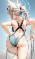 Rule 34 | 1girl, absurdres, animal ears, ass, bad anatomy, bad leg, bare arms, bare legs, bare shoulders, black one-piece swimsuit, blue archive, blue halo, extra ears, from behind, grey hair, halo, highres, medium hair, official alternate costume, one-piece swimsuit, ponytail, scarlet (wv0102), shiroko (blue archive), shiroko (swimsuit) (blue archive), solo, swimsuit, wolf ears