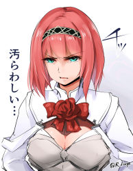 Rule 34 | 1girl, ark royal (kancolle), blue eyes, blunt bangs, bob cut, breasts, cleavage cutout, clothing cutout, flower, highres, inverted bob, kantai collection, lingerie (aki3240), long sleeves, medium breasts, red flower, red hair, red ribbon, red rose, ribbon, rose, short hair, solo, tiara, upper body