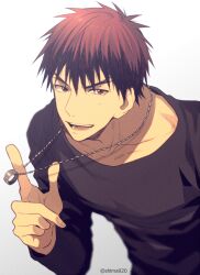 Rule 34 | 1boy, black hair, black shirt, commentary, fingernails, index finger raised, jewelry, kagami taiga, kuroko no basuke, long sleeves, looking at viewer, male focus, mashima shima, multicolored hair, necklace, open mouth, red eyes, red hair, ring, ring necklace, shirt, short hair, solo, twitter username, upper body