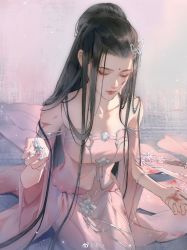 Rule 34 | 1girl, absurdres, bare shoulders, black hair, blood, blood on face, blood on hands, breasts, closed eyes, closed mouth, dress, facial mark, forehead mark, from above, gui sa, hair bun, hair ornament, highres, holding, holding hair ornament, jian xia qing yuan (series), jianxia qingyuan (series), jianxia qingyuan online 3, long hair, medium breasts, pink dress, qi xiu (jian xia qing yuan), sitting, solo, upper body