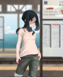Rule 34 | 1girl, alternate costume, belt, black hair, blurry, blurry background, capri pants, cellphone, commentary request, contrapposto, cowboy shot, grey pants, hair over shoulder, highres, kantai collection, kumano maru (kancolle), long hair, looking to the side, neko no hige, pants, phone, red eyes, shirt, solo, train station, white shirt