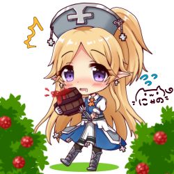 Rule 34 | 1girl, ^^^, armored boots, ascot, berry, black pantyhose, blonde hair, blue dress, blurry, blurry foreground, blush, boots, bush, chibi, collared shirt, commentary request, cross, cross earrings, cup, depth of field, dress, drink, drooling, earrings, elbow gloves, elf, gloves, hat, heart, high ponytail, highres, holding, holding cup, jewelry, knee boots, long hair, nurse cap, nyano21, orange ascot, pantyhose, parted bangs, parted lips, pointy ears, ponytail, princess connect!, puffy short sleeves, puffy sleeves, purple eyes, saliva, shirt, short sleeves, signature, sleeveless, sleeveless dress, solo, spilling, standing, standing on one leg, tankard, vambraces, very long hair, white background, white gloves, white shirt, yukari (princess connect!)