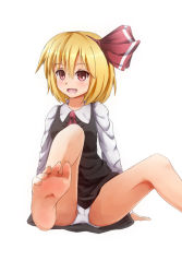 Rule 34 | 1girl, arm support, barefoot, blonde hair, blush, fang, feet, foot focus, highres, looking at viewer, open mouth, panties, pantyshot, pov, red eyes, rumia, sitting, soles, toes, touhou, underwear