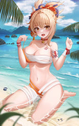 Rule 34 | 1girl, :d, absurdres, bare shoulders, barefoot, beach, bead bracelet, beads, blonde hair, bracelet, breasts, budget sarashi, chest tattoo, choker, cleavage, day, fang, genshin impact, hair ornament, hands up, highres, jewelry, large breasts, long hair, looking at viewer, navel, open mouth, orange eyes, outdoors, ponytail, red choker, sarashi, shoulder tattoo, smile, solo, stomach, tattoo, thighs, water, whoing x2, yoimiya (genshin impact)