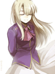 Rule 34 | 1girl, arms behind back, ascot, bad id, bad pixiv id, blazer, breasts, buttons, closed eyes, cowboy shot, fate/stay night, fate (series), hair between eyes, illyasviel von einzbern, jacket, light smile, long hair, long sleeves, parted bangs, ruchi, sidelocks, simple background, skirt, small breasts, smile, solo, twitter username, white background, white hair