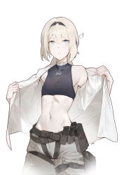 1girl absurdres alternate_costume an-94_(girls&#039;_frontline) black_hairband blonde_hair commentary coteri cowboy_shot crop_top english_commentary flat_chest girls&#039;_frontline grey_pants hairband highres long_hair magazine_(weapon) navel open_clothes open_shirt pants shirt simple_background solo sweatdrop white_background white_shirt