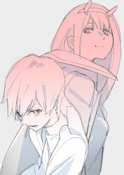 Rule 34 | 10s, 1boy, 1girl, absurdres, coat, couple, darling in the franxx, highres, hiro (darling in the franxx), horns, long hair, military, military uniform, monochrome, oni horns, onioohashi, open clothes, open coat, short hair, uniform, zero two (darling in the franxx)