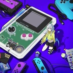 Rule 34 | 1girl, absurdres, blue eyes, cassette tape, controller, demon tail, game boy, game cartridge, game controller, grey hair, handheld game console, highres, hood, hood down, hooded jacket, horns, jacket, joy-con, kiliko-san, long hair, looking at viewer, looking up, mini person, minigirl, oni horns, original, pen, pill, shadow, short eyebrows, single thighhigh, smile, solo, striped clothes, striped thighhighs, tail, thighhighs, yellow jacket