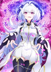 Rule 34 | 1girl, ahoge, black gloves, black thighhighs, breasts, fate/grand order, fate/prototype, fate (series), fingerless gloves, gloves, highres, hooded robe, large breasts, long hair, lying, merlin (fate/prototype), merlin (fate/prototype) (second ascension), on back, purple eyes, robe, solo, thighhighs, very long hair, white hair, white hood, white robe, wide sleeves, yata masahara