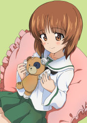 Rule 34 | 10s, 1girl, bandages, bandaid, black neckerchief, blouse, boko (girls und panzer), brown eyes, brown hair, closed mouth, commentary request, frilled pillow, frills, girls und panzer, green background, green skirt, holding, holding stuffed toy, kanau, leaning back, long sleeves, miniskirt, neckerchief, nishizumi miho, ooarai school uniform, pillow, pleated skirt, scar, school uniform, serafuku, shirt, short hair, sitting, skirt, smile, solo, stuffed animal, stuffed toy, teddy bear, white shirt